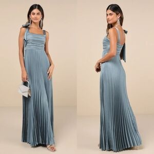 Lulus Gorgeous Purpose Slate Satin Pleated Sleeveless Bow Maxi Dress Wedding